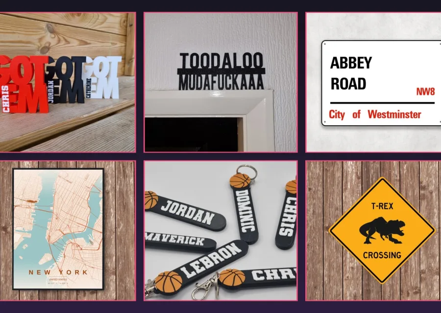 A selection of The Quirky Gift Co products — personalised name signs, a door topper, an Abbey Road street sign, a New York map print, basketball keyrings and a T-Rex crossing sign.